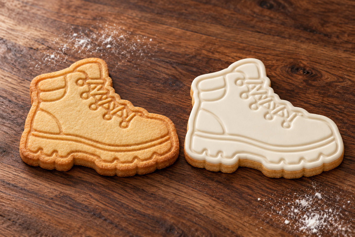 Hiking Boot plain and white fondant cookie examples