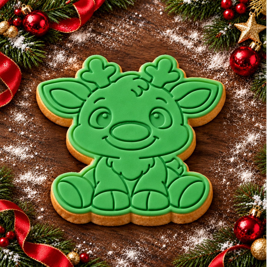 Baby Reindeer decorated fondant cookie