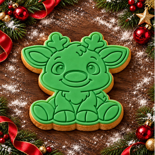 Baby Reindeer decorated fondant cookie