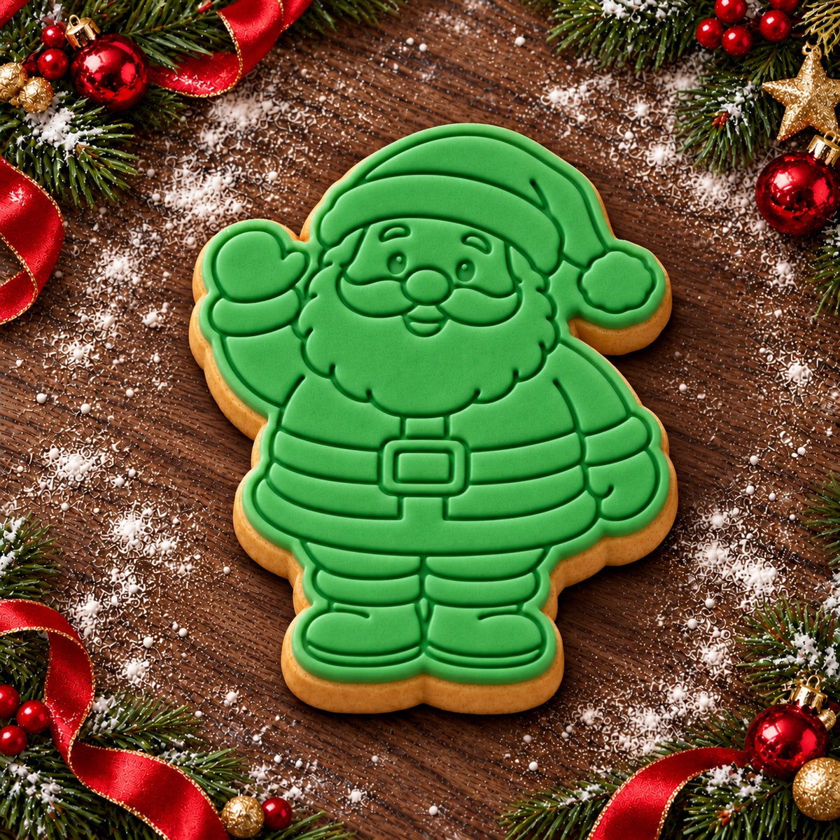 Waving Santa decorated fondant cookie