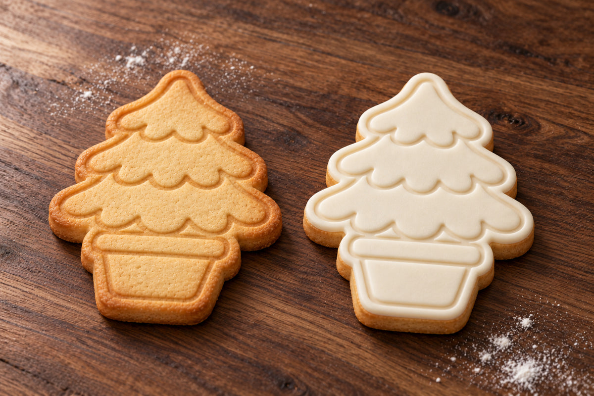 Christmas Tree in Pot plain and white fondant cookie examples