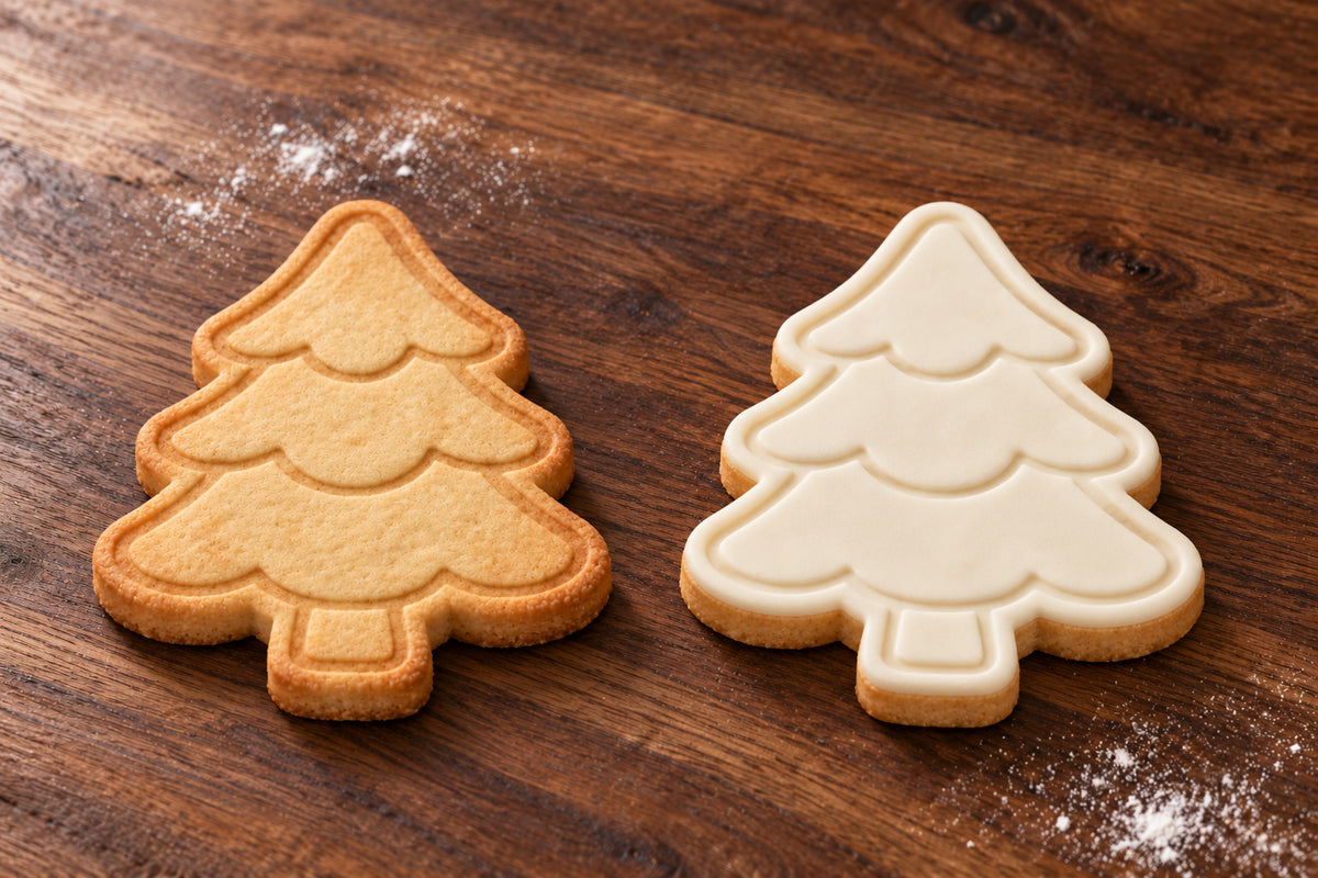 Classic Christmas Tree plain and white fondant cookie examples
