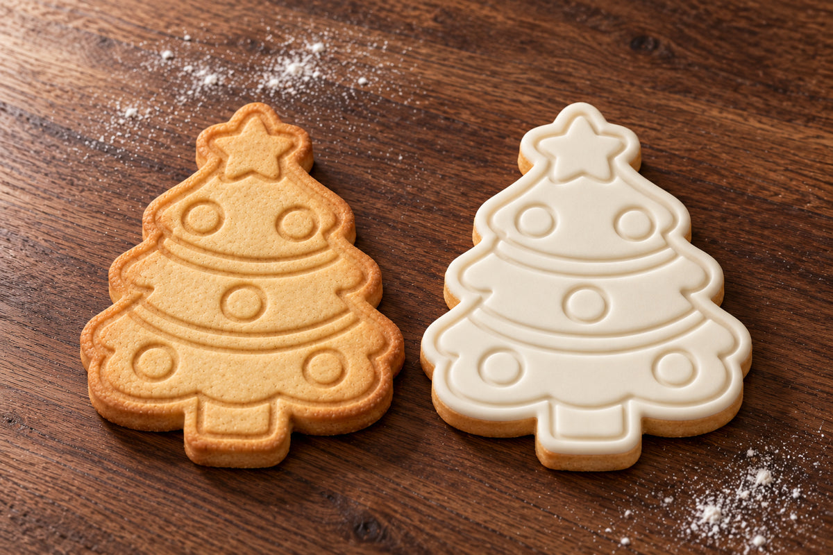 Decorated Christmas Tree plain and white fondant cookie examples