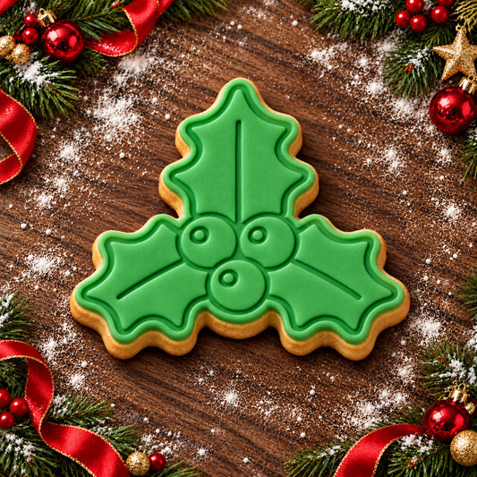 Holly Leaves and Berries decorated fondant cookie
