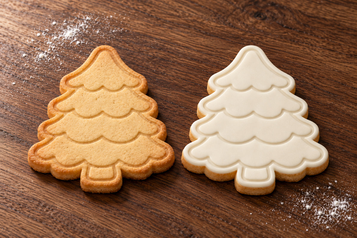 Layered Christmas Tree plain and white fondant cookie examples