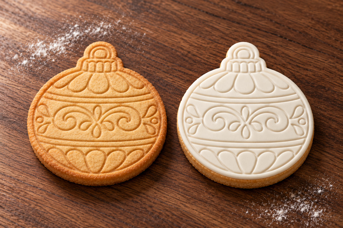 Ornate Bauble plain and white fondant cookie examples