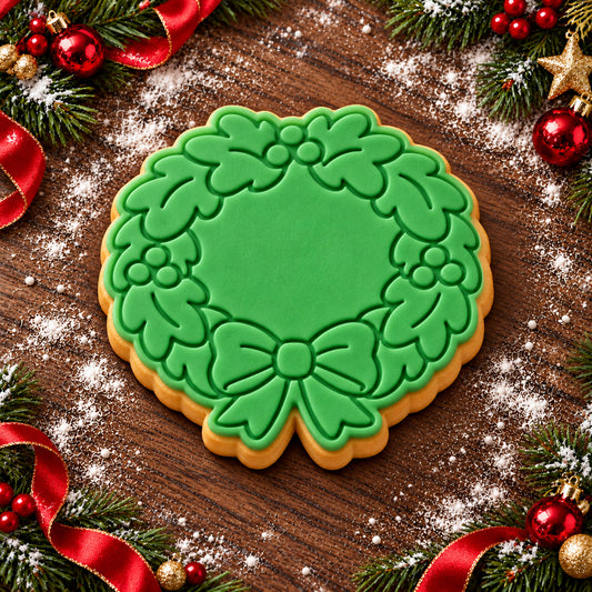 Wreath decorated fondant cookie