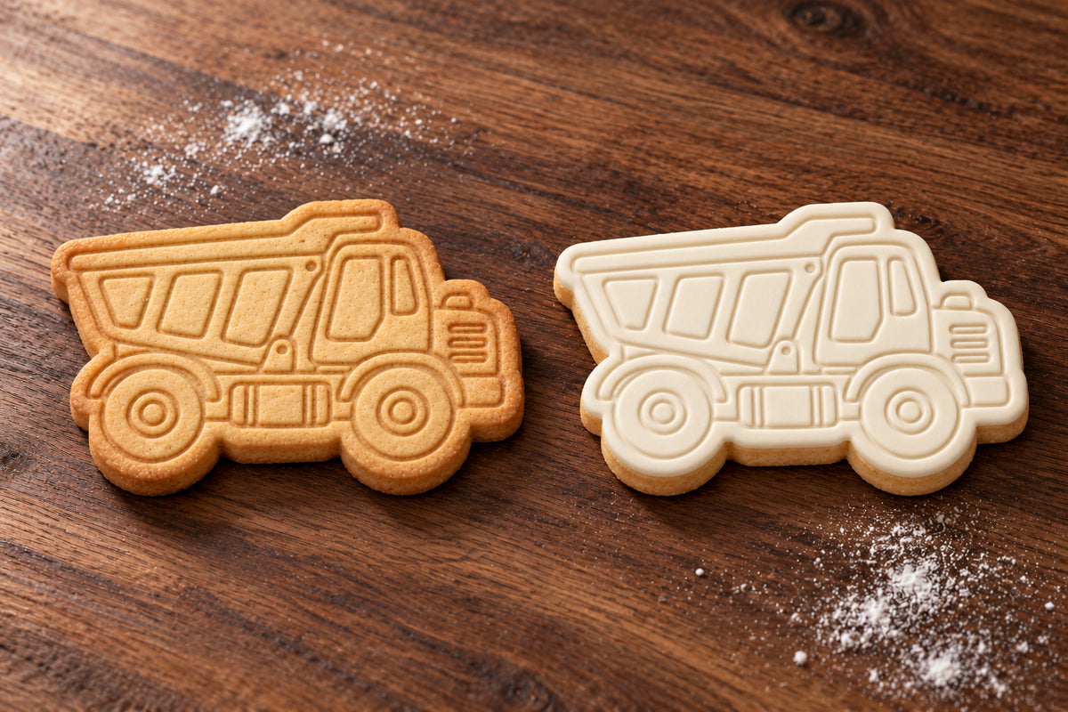 Dump Truck plain and white fondant cookie examples