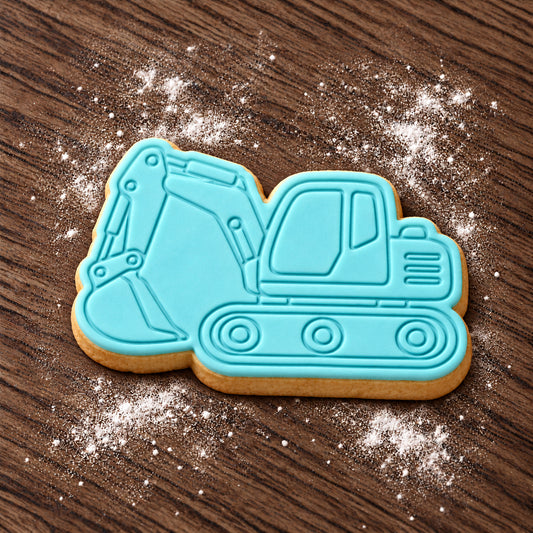 Excavator decorated fondant cookie