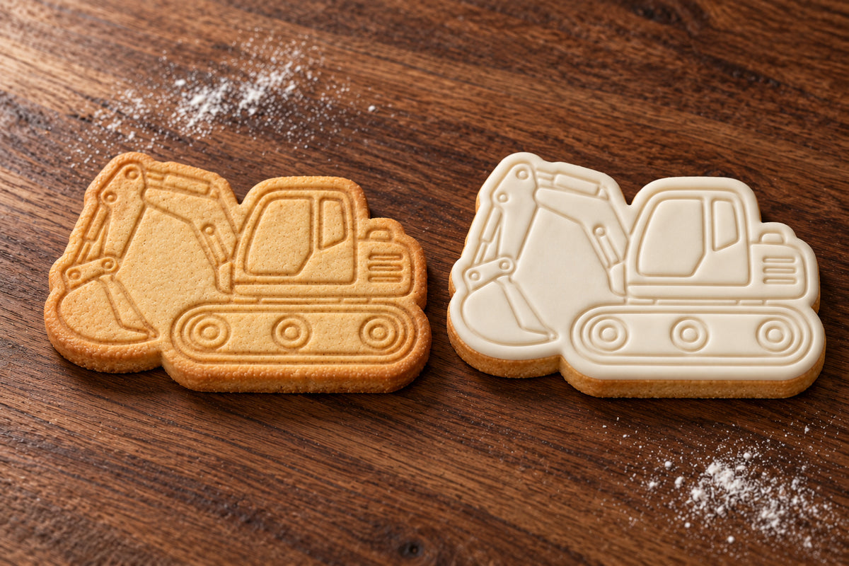Excavator plain and white fondant cookie examples