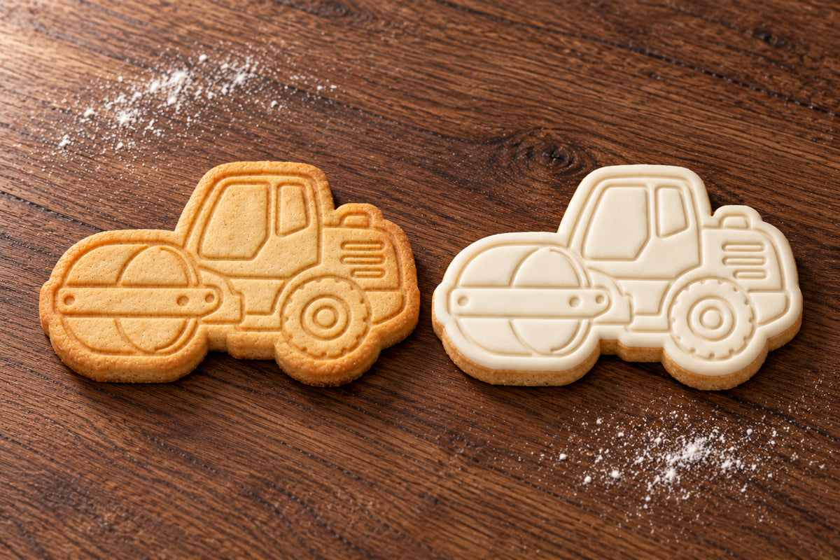 Road Roller plain and white fondant cookie examples
