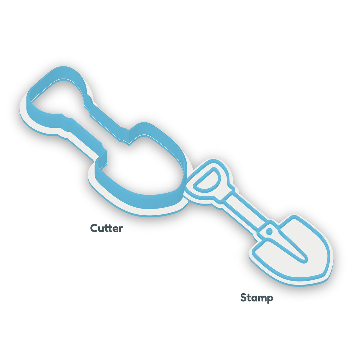 Shovel separate cookie cutter and matching embosser
