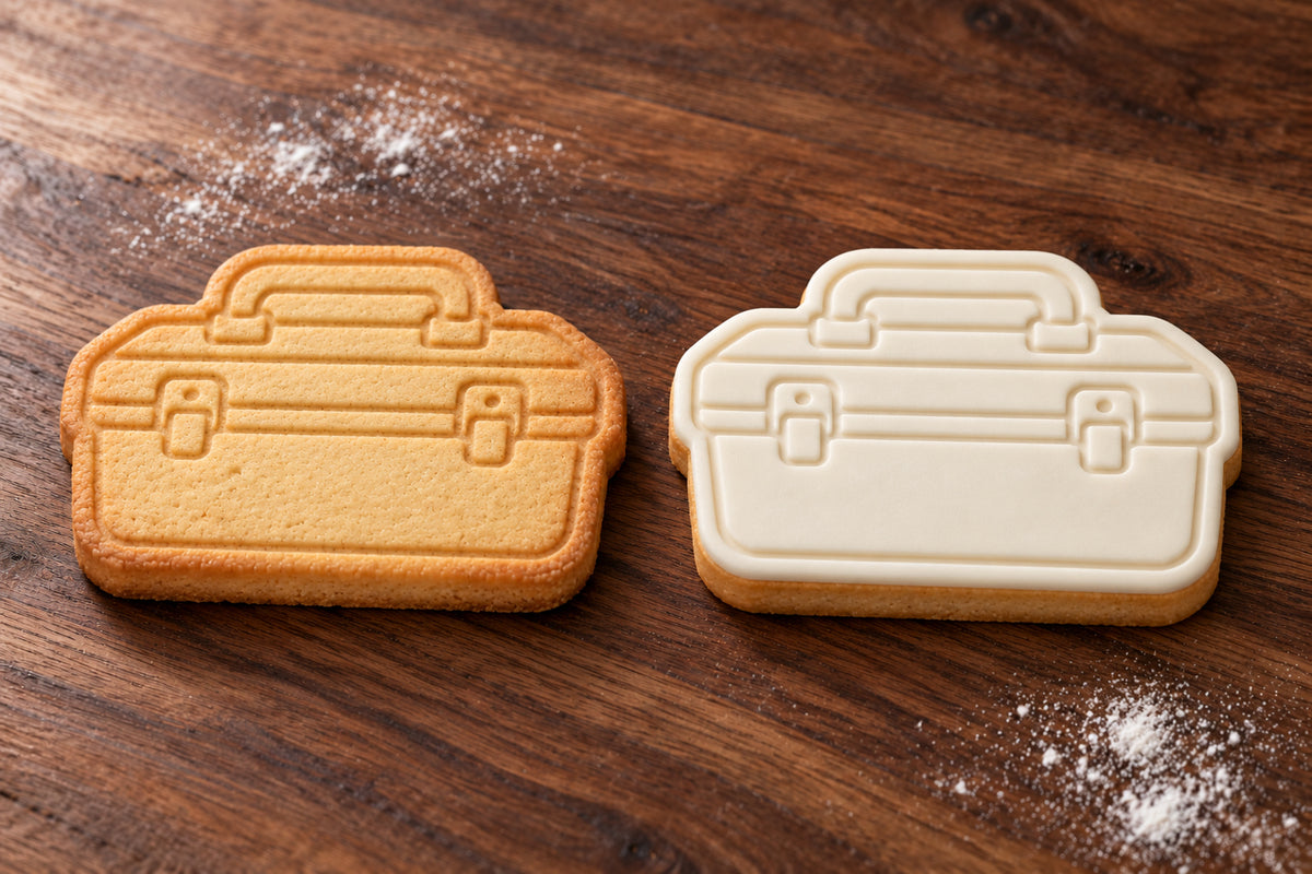 Toolbox plain and white fondant cookie examples