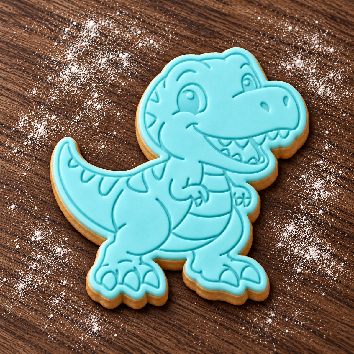 Baby T-Rex decorated fondant cookie