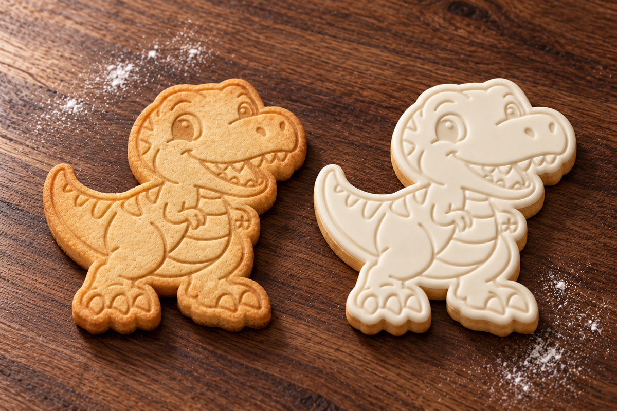 Baby T-Rex plain and white fondant cookie examples