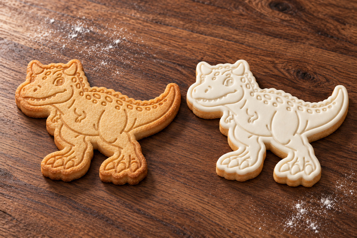 Carnotaurus plain and white fondant cookie examples