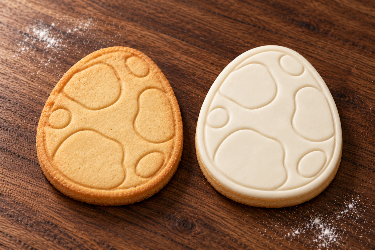 Dinosaur Egg plain and white fondant cookie examples