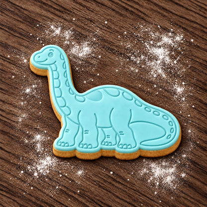 Diplodocus decorated fondant cookie