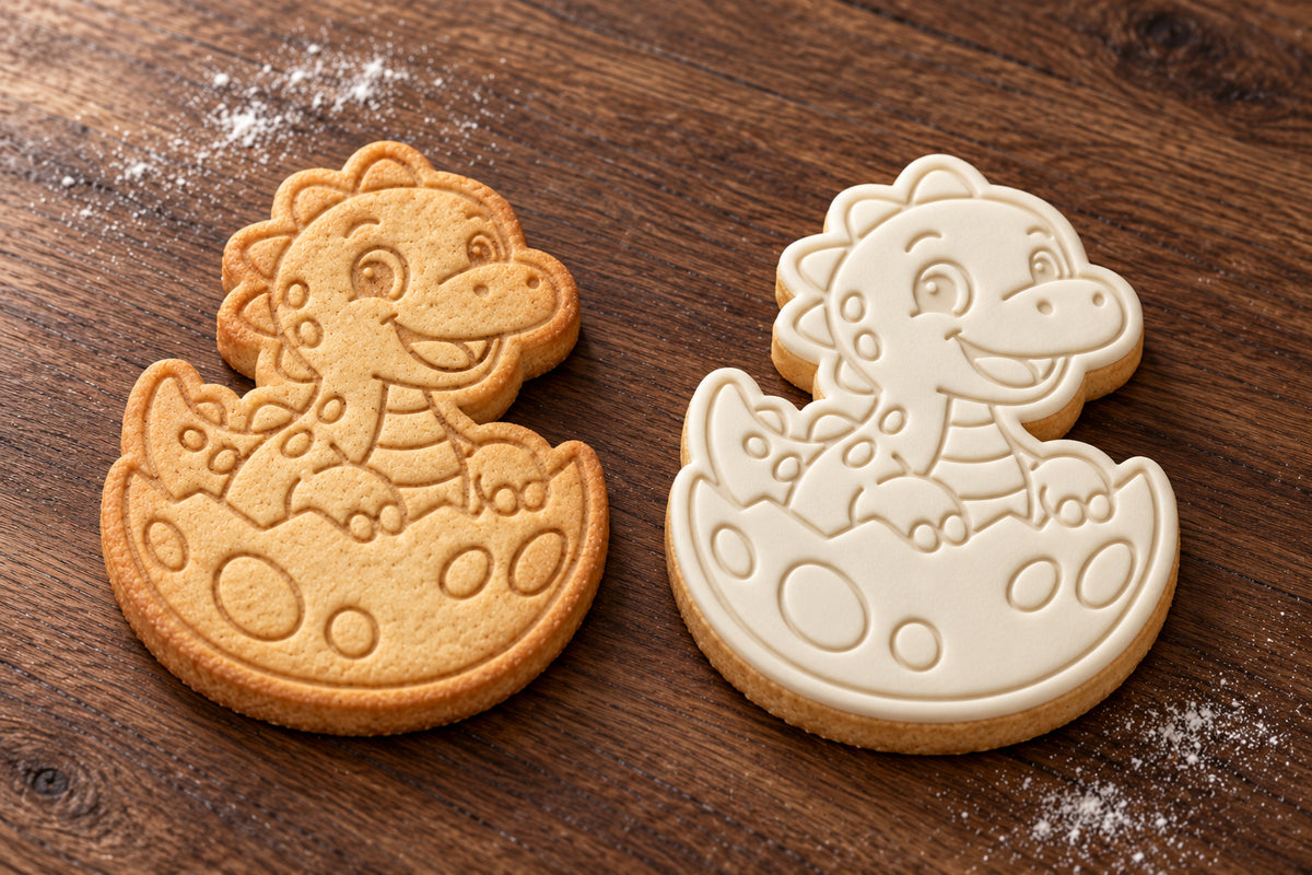 Hatching Dinosaur plain and white fondant cookie examples