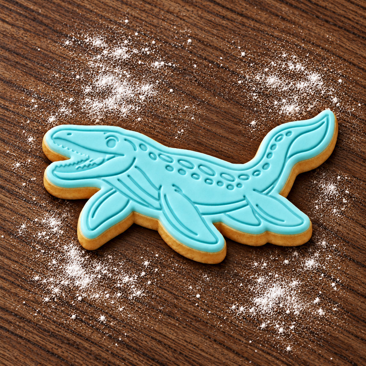 Mosasaurus decorated fondant cookie