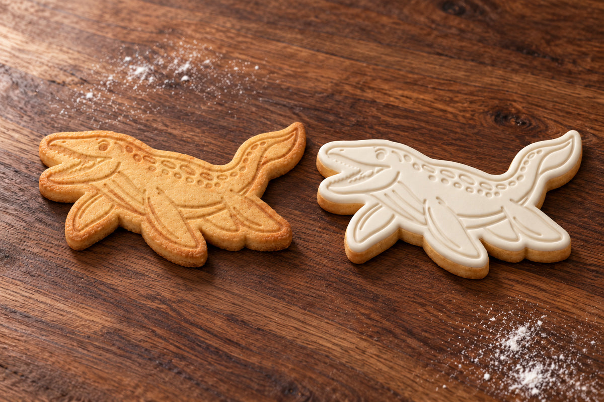 Mosasaurus plain and white fondant cookie examples