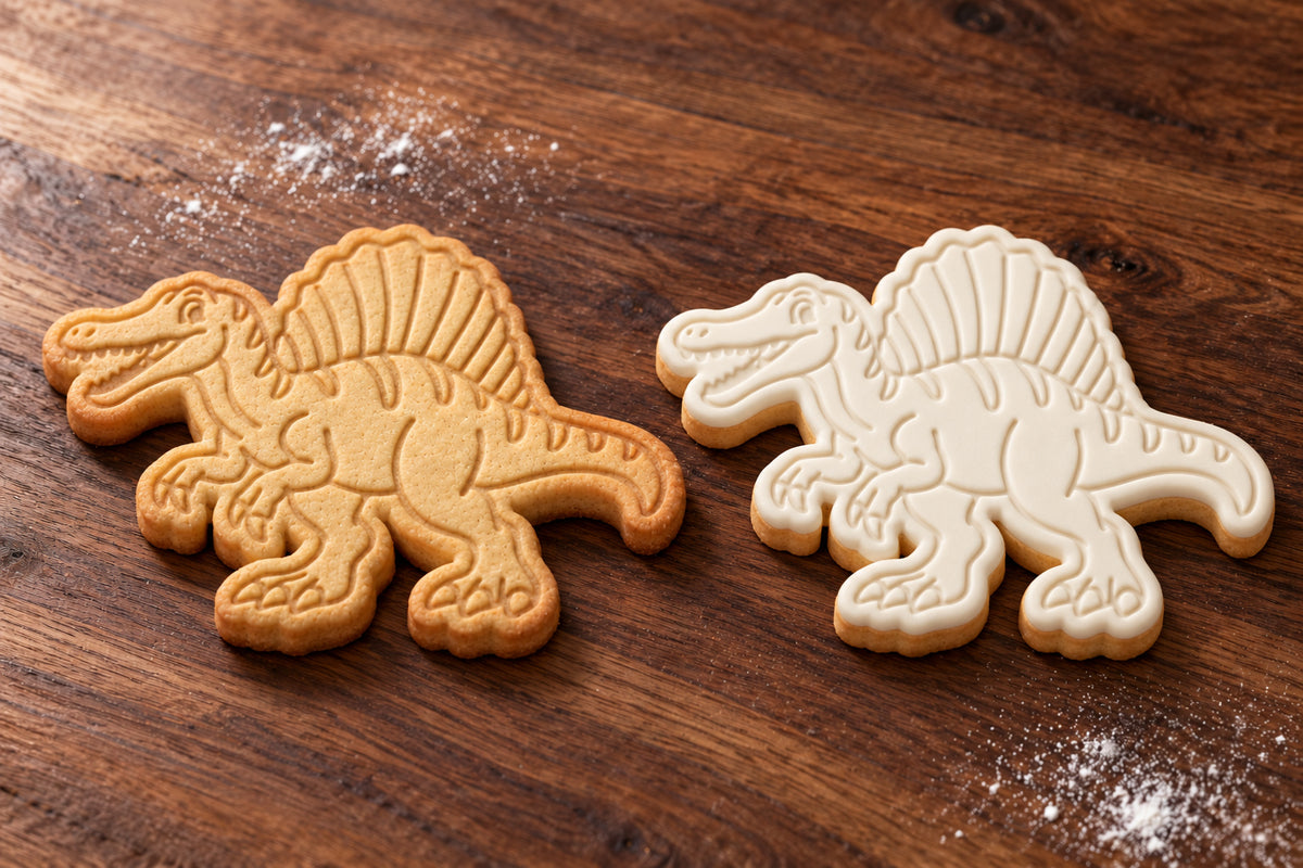 Spinosaurus plain and white fondant cookie examples