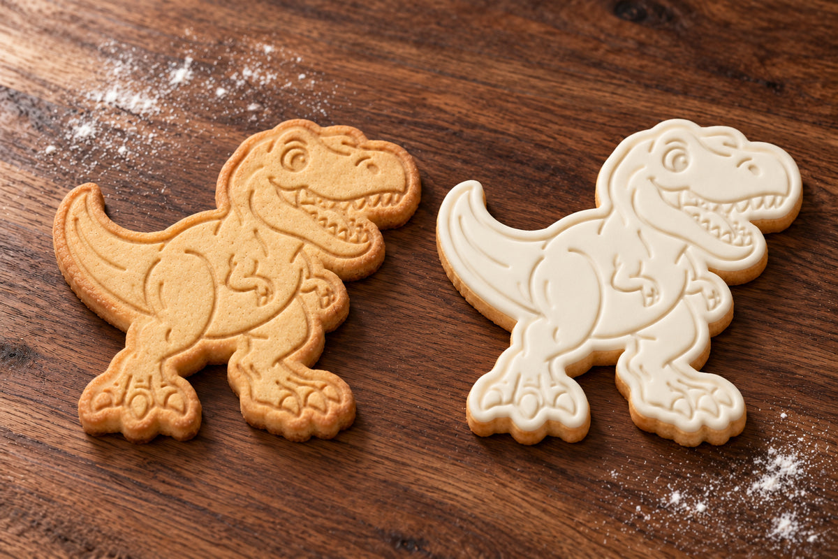T-Rex plain and white fondant cookie examples
