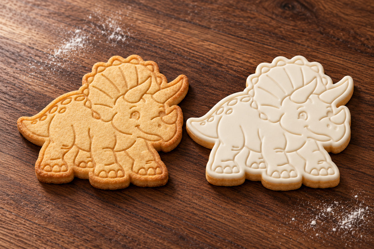 Triceratops plain and white fondant cookie examples