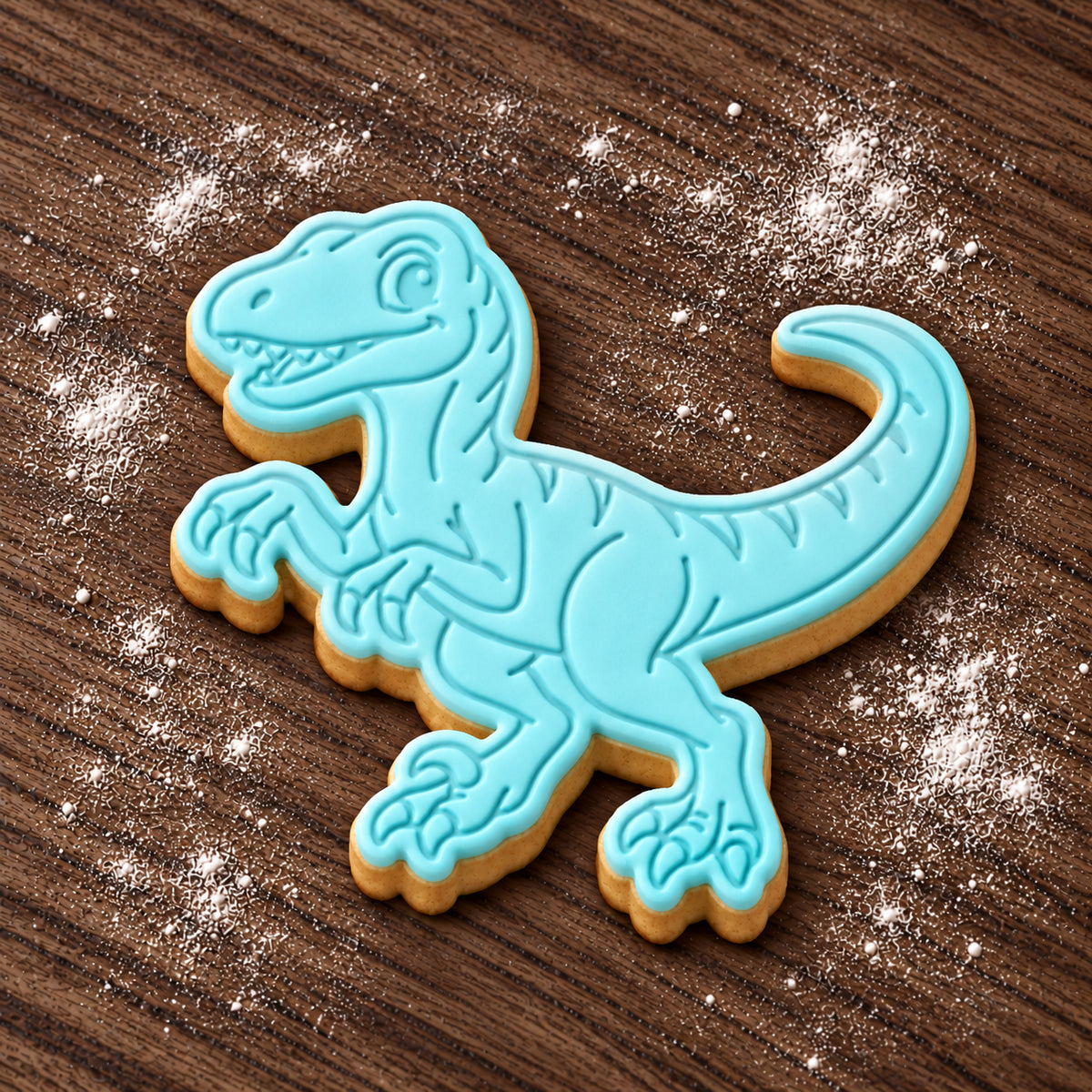 Velociraptor decorated fondant cookie