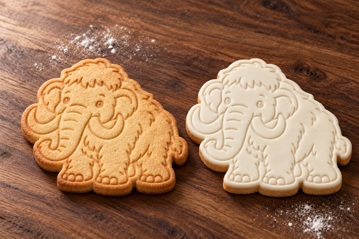 Woolly Mammoth plain and white fondant cookie examples