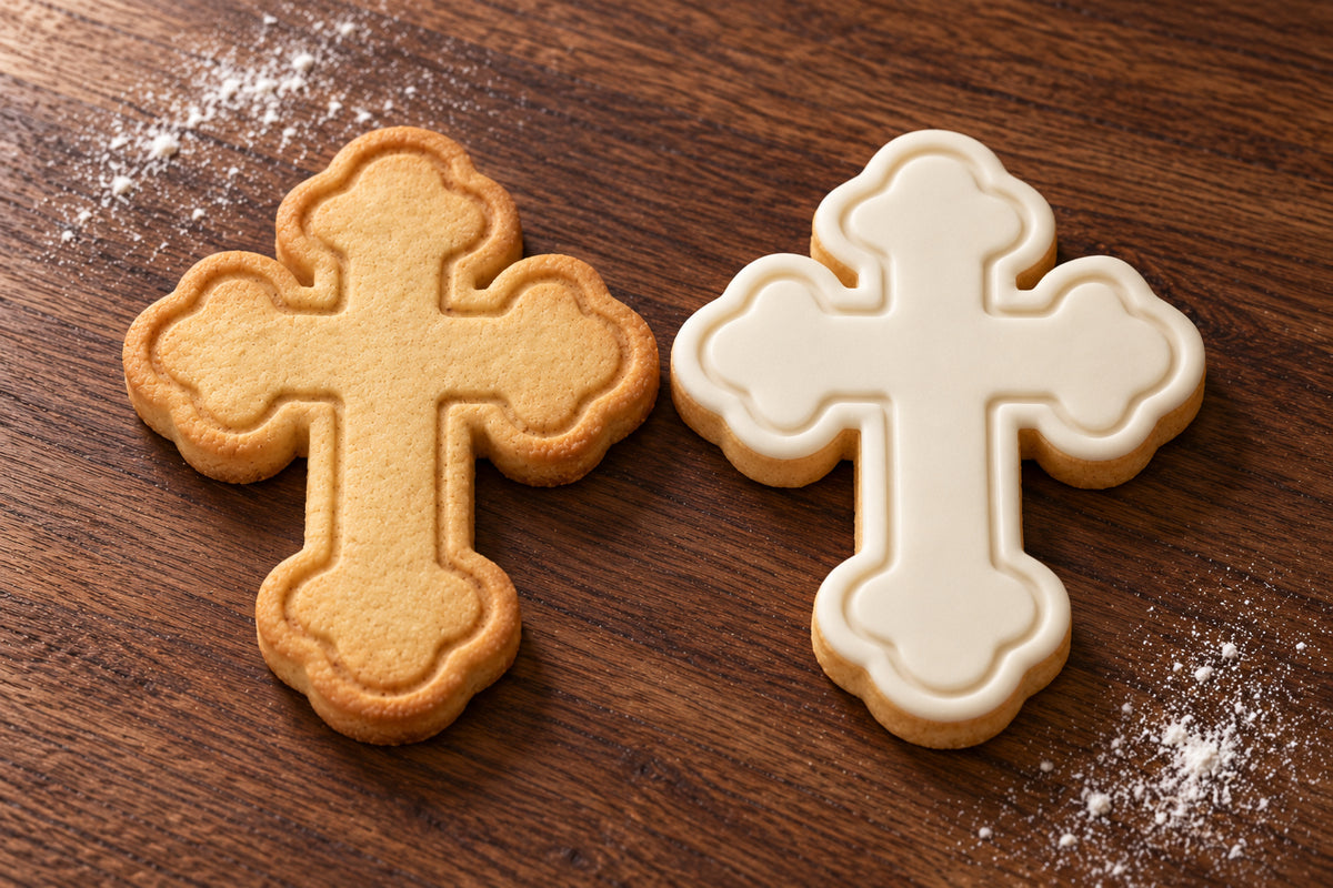 Cross plain and white fondant cookie examples