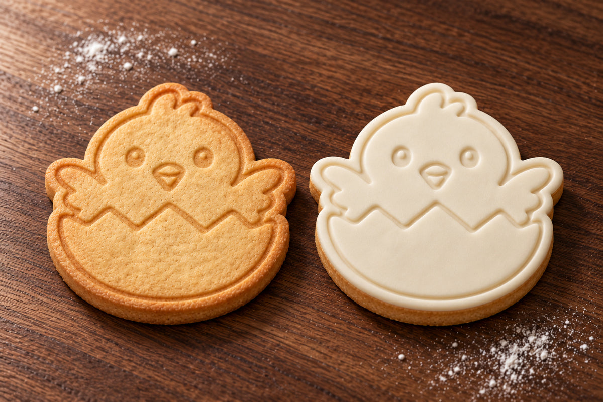 Hatching Chick plain and white fondant cookie examples