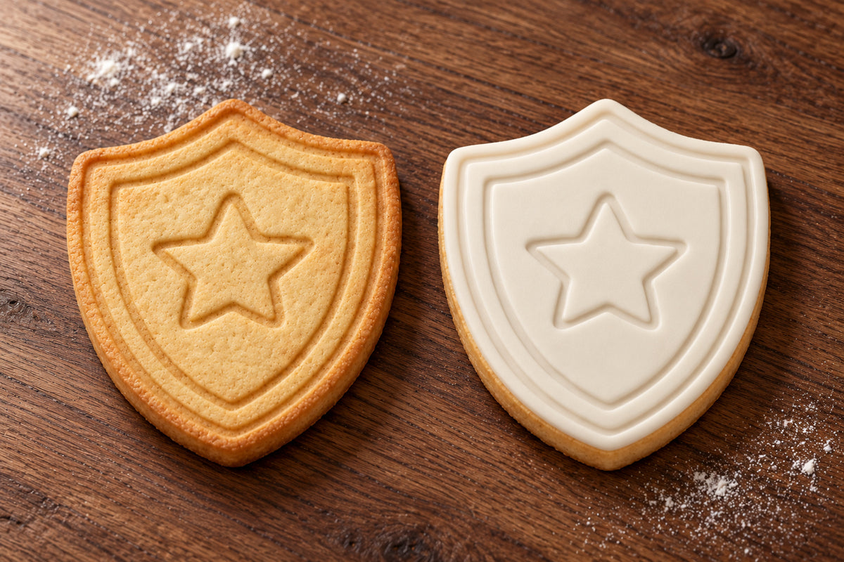 Shield plain and white fondant cookie examples