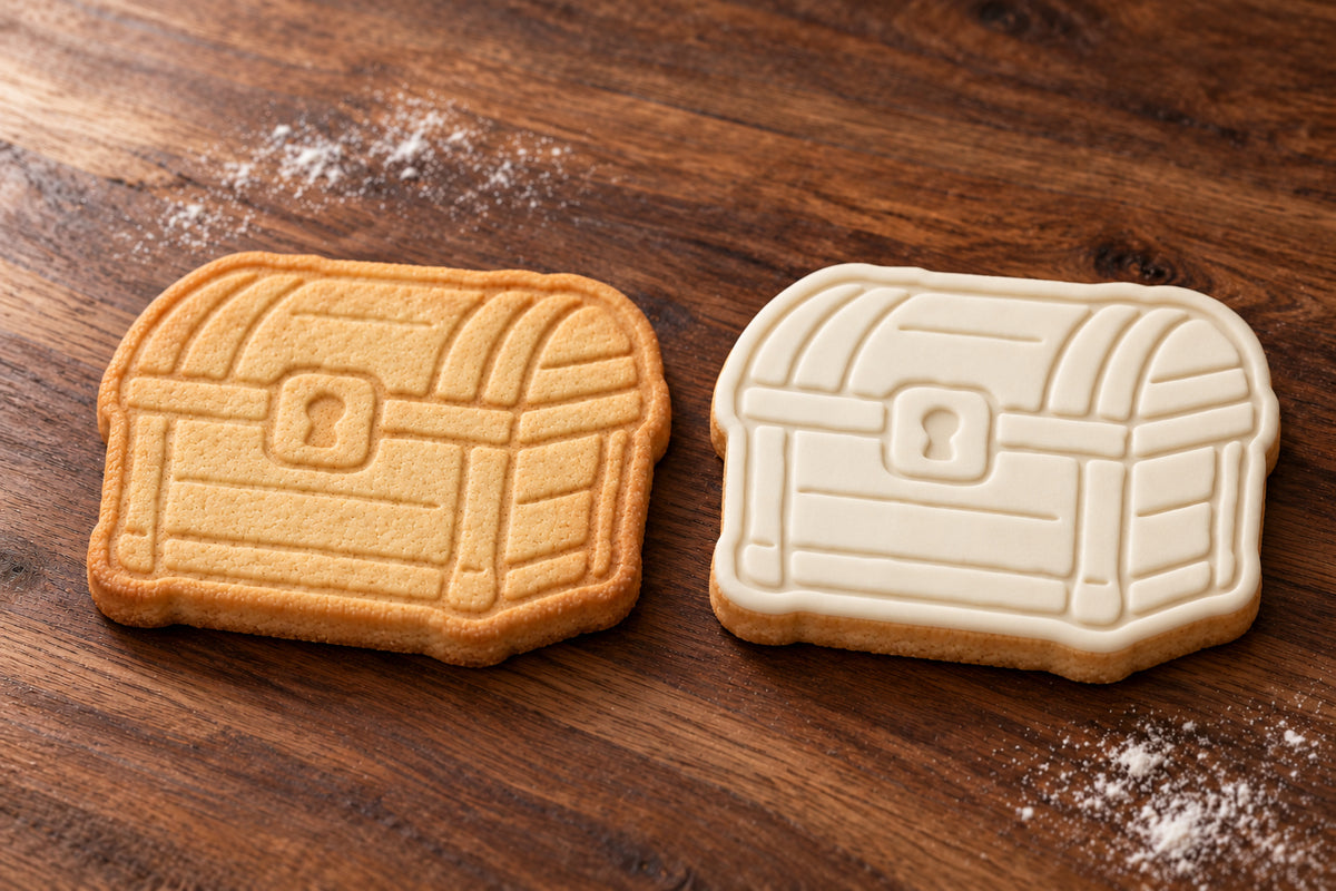 Treasure Chest plain and white fondant cookie examples
