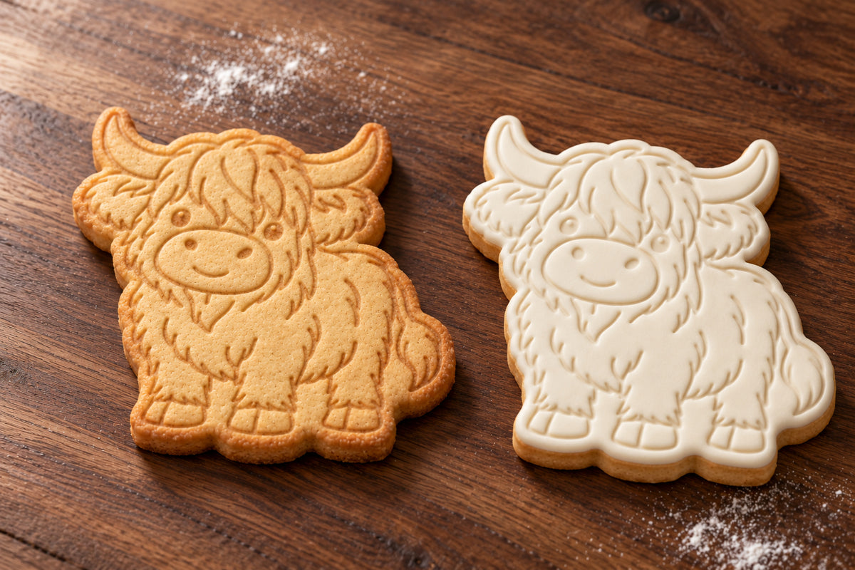 Highland Cow plain and white fondant cookie examples