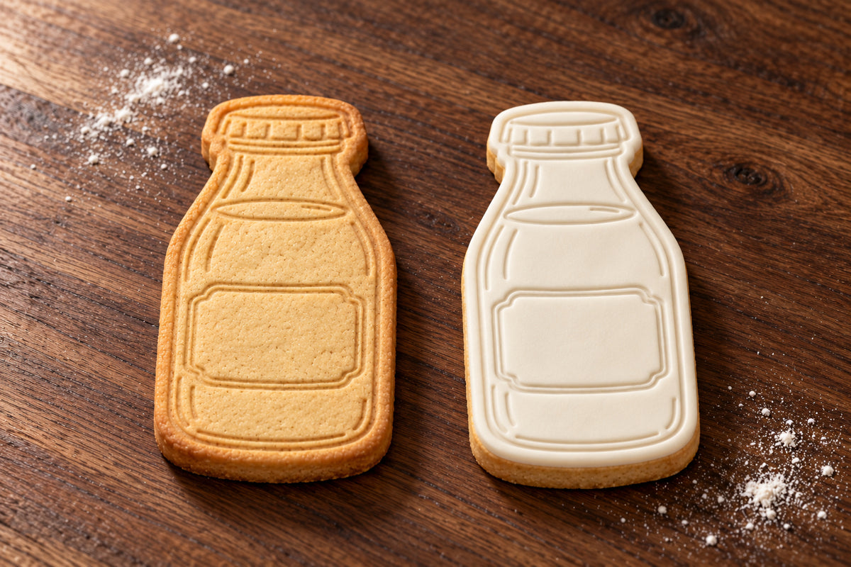 Milk Bottle plain and white fondant cookie examples