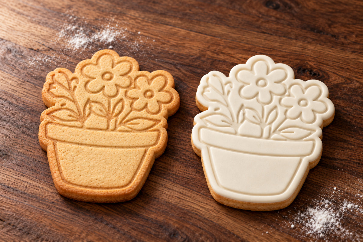 Flowerpot plain and white fondant cookie examples