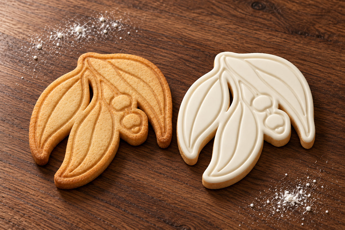 Gum Leaves plain and white fondant cookie examples