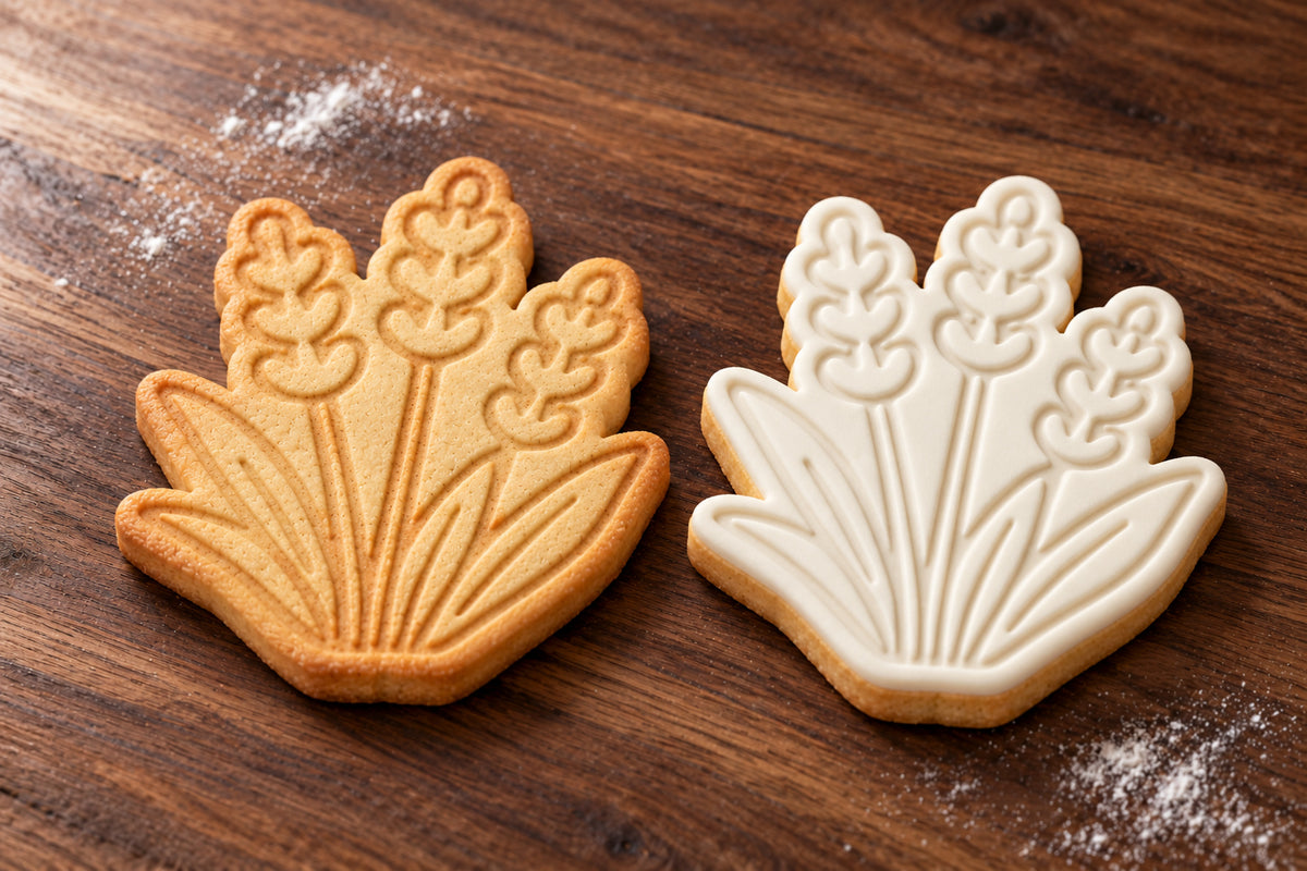 Lavender plain and white fondant cookie examples