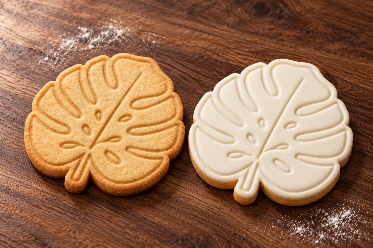Monstera Leaf plain and white fondant cookie examples
