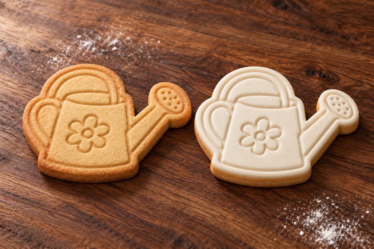 Watering Can plain and white fondant cookie examples
