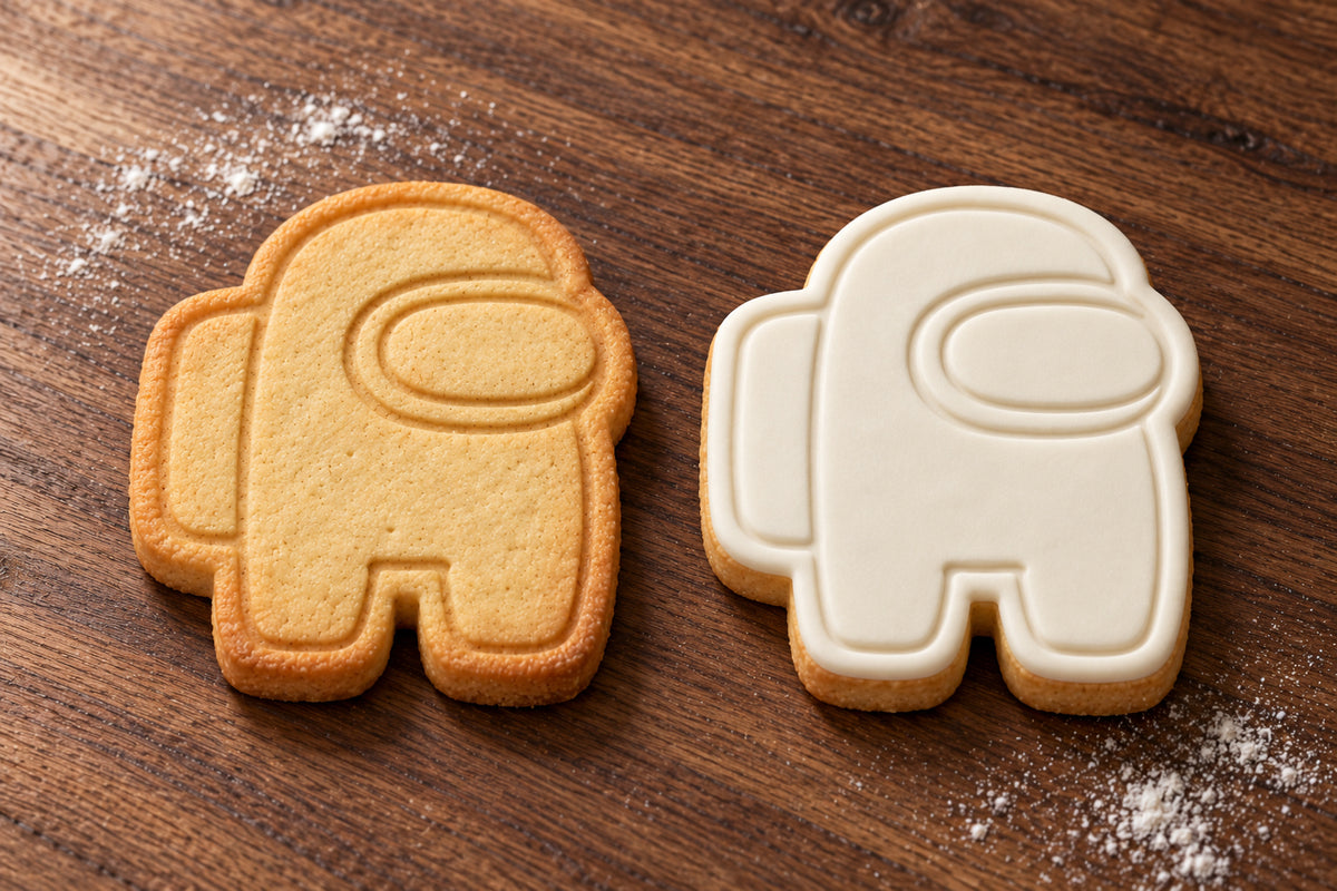Among Us Crewmate plain and white fondant cookie examples