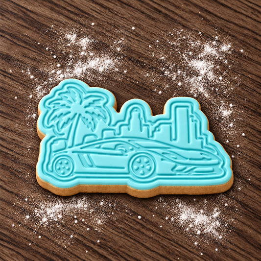 City Racing Car decorated fondant cookie