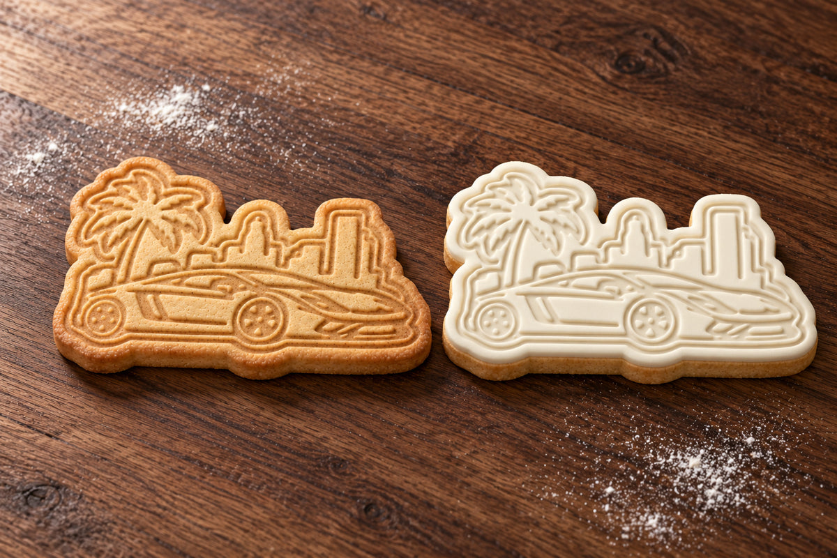City Racing Car plain and white fondant cookie examples