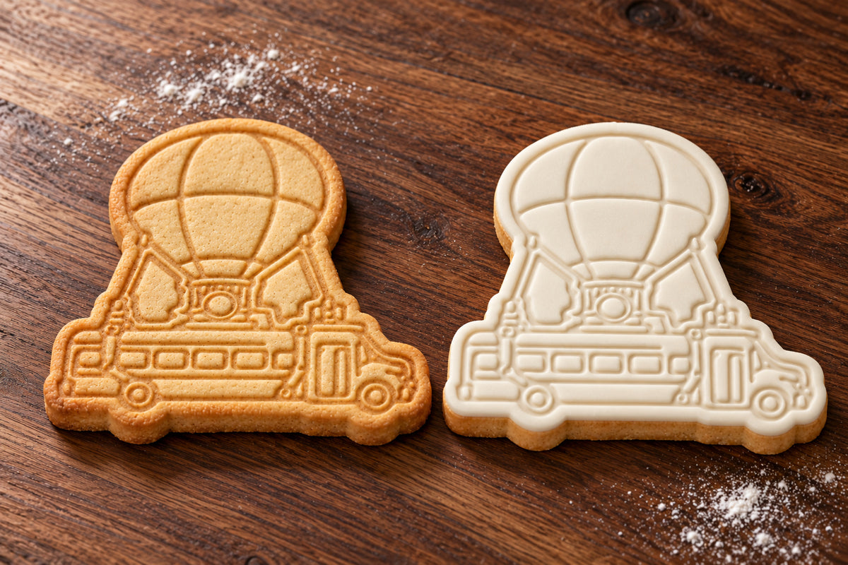 Fortnite Battle Bus plain and white fondant cookie examples