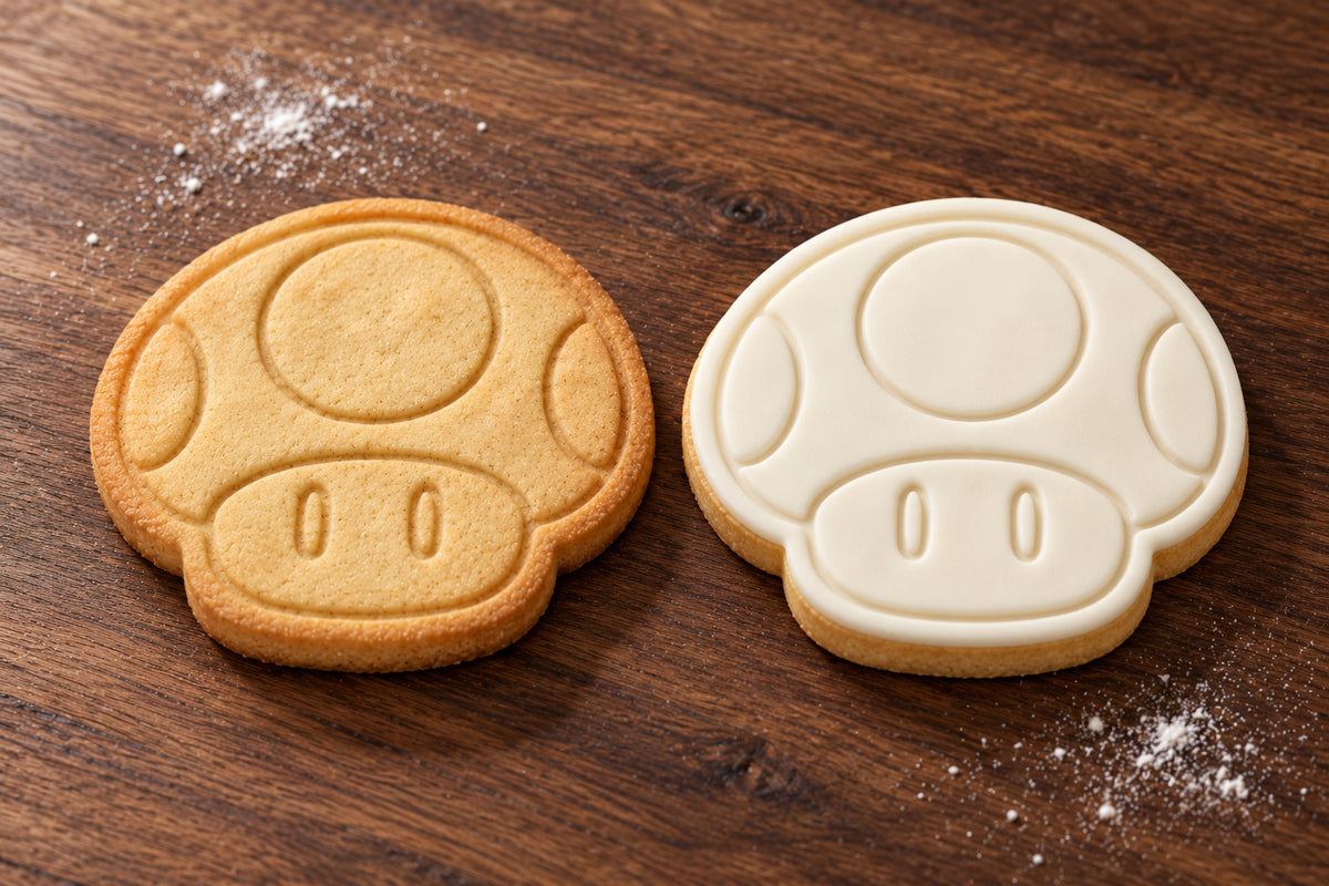 Mario Mushroom plain and white fondant cookie examples