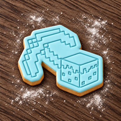 Minecraft Pickaxe and Block decorated fondant cookie