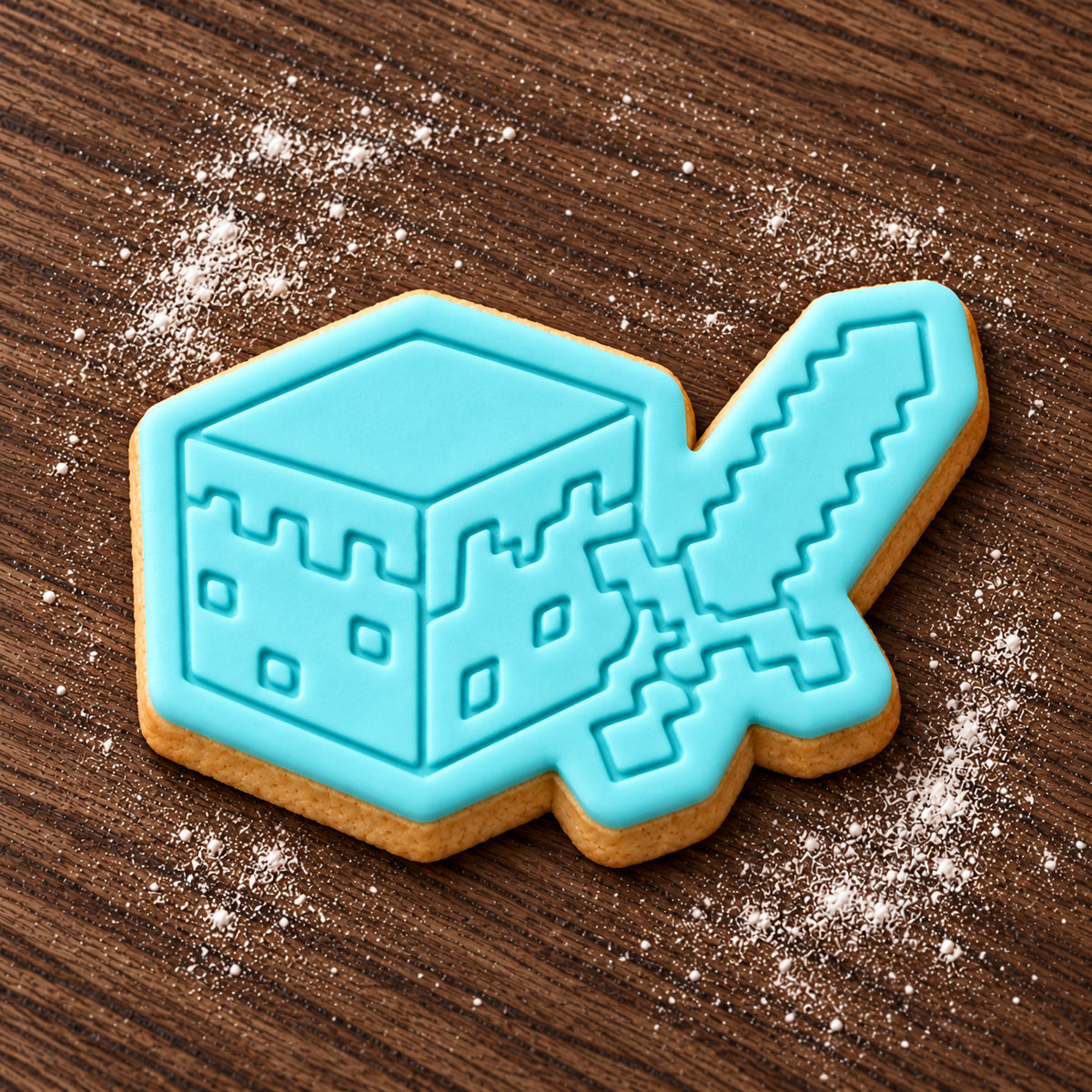 Minecraft Sword and Block decorated fondant cookie