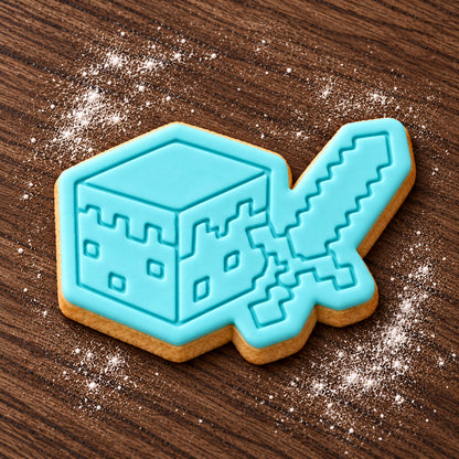 Minecraft Sword and Block decorated fondant cookie