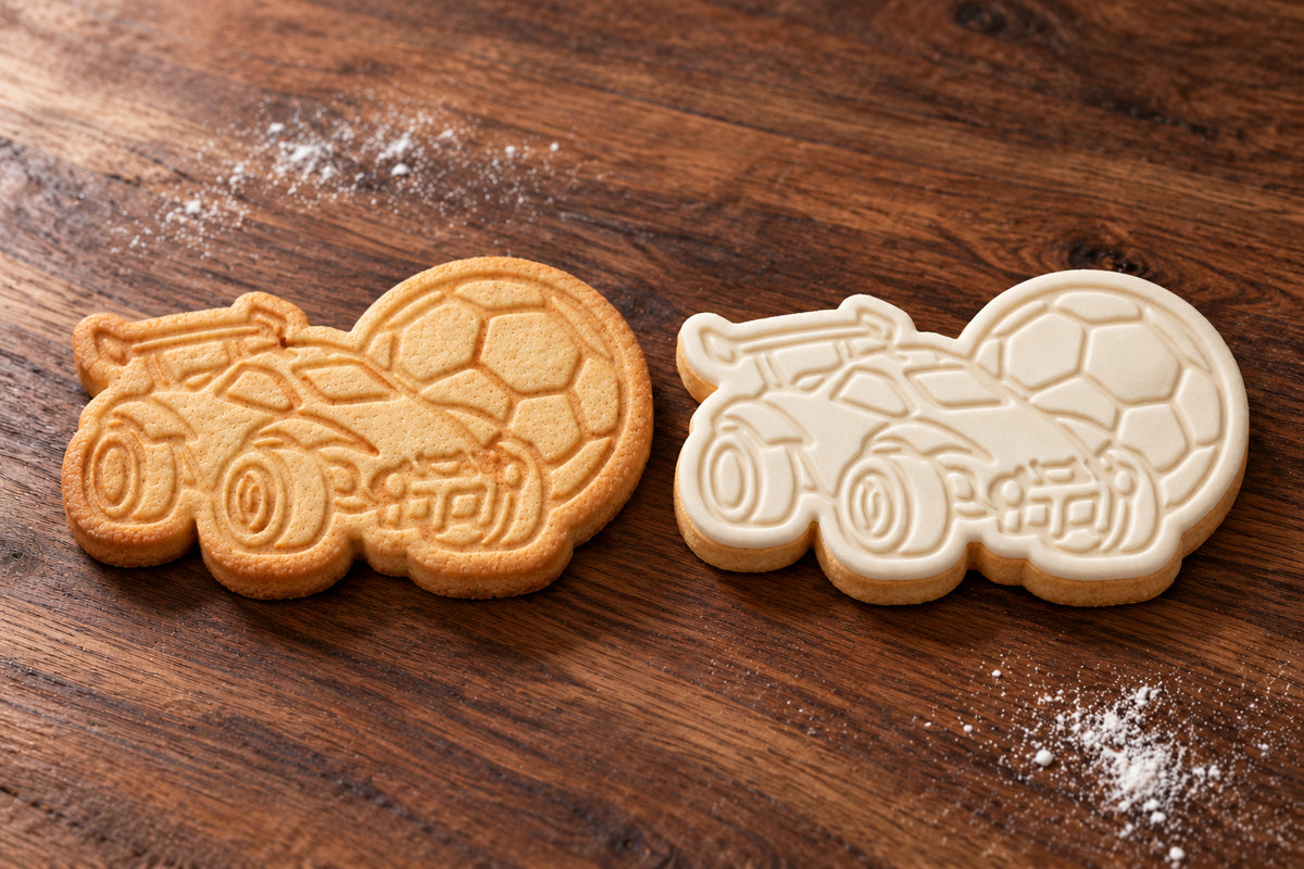Rocket League Car plain and white fondant cookie examples